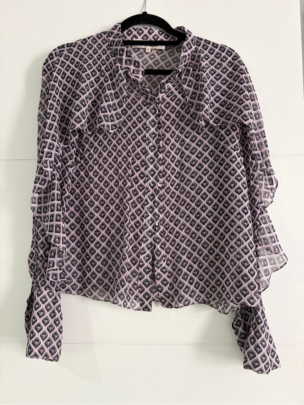 Diane Von Furstenberg Silk Sheer Geometric Print Long Sleeve Blouse, Women’s 10